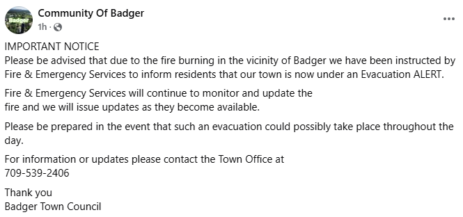 badger-issues-evacuation-alert,-asks-residents-to-be-prepared-to-leave-due-to-forest-fire