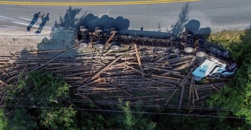 truck-crashes,-launching-logs-into-power-lines-in-halifax-county